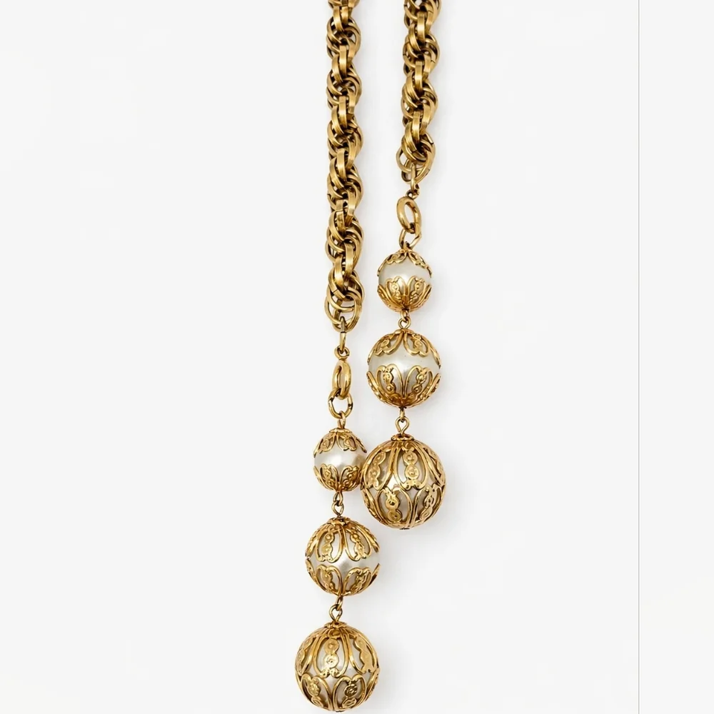 Vintage PARK LANE Lariat Rope Chain Tassel Faux Pearl Statement Necklace Gold - Picture 4 of 9